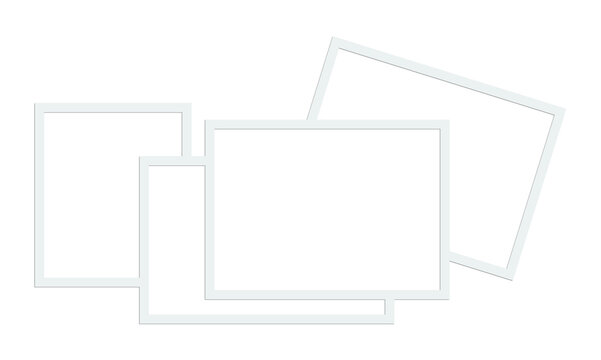 Four white rectangular and square photo frame collage isolated on transparent background for memory display.