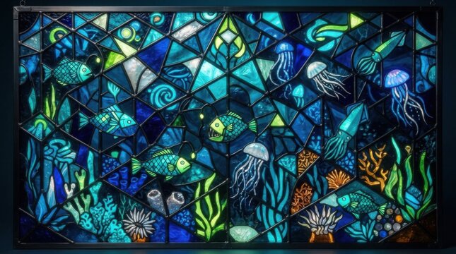 Colorful stained glass art of an ocean scene with fish and jellyfish