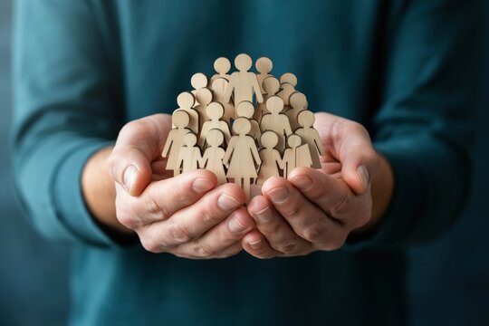 Hands holding a group of wooden human figures representing community and support