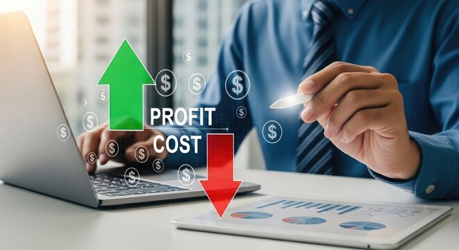 Businessman working on laptop with rising profit and falling cost digital icons
