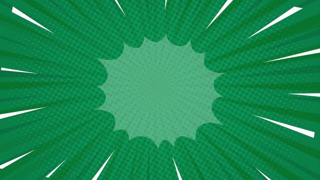 Green comic book style background with radial speed lines and a central starburst shape for copy space