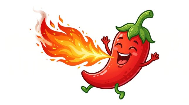 Cartoon red chili pepper character breathing fire isolated on a white background