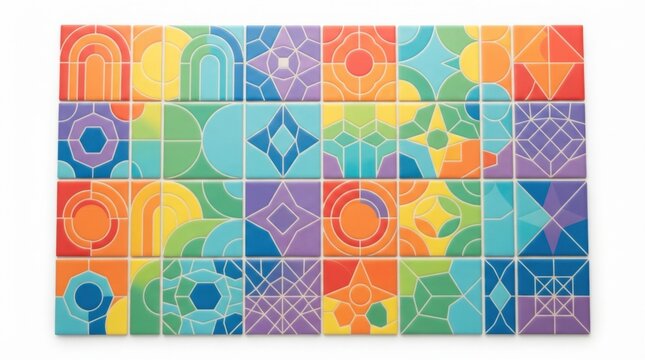 Colorful geometric pattern tiles with abstract shapes in a grid design layout