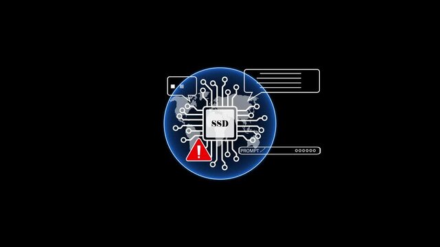Secure SSD Security Status on Abstract Circuit Board Globe cybersecurity safe on black background. 4k video