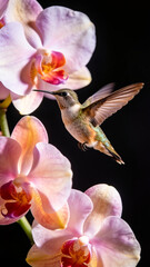 Fototapeta premium Orchid flowers and hummingbird on black background. Beautiful, exotic, tropical blooms and iridescent color bird flying and drinking nectar. White, pink, yellow and magenta blossoms. Close up, motion 