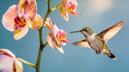 Fototapeta premium Orchid flowers and hummingbird on blue background. Beautiful, exotic, tropical blooms and iridescent color bird flying and drinking nectar. White, pink, yellow and magenta blossoms. Close up, motion 
