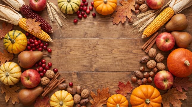 Rustic autumn frame featuring pumpkins corn apples pears cranberries and nuts on wooden backdrop.