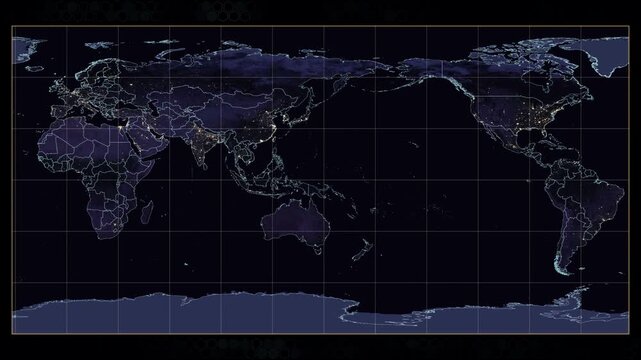 Equirectangular projection world map animation. Rotating Earth at night with glowing city lights, amber graticule lines, and cyan country borders. Dark hexagonal background. Seamless loop.