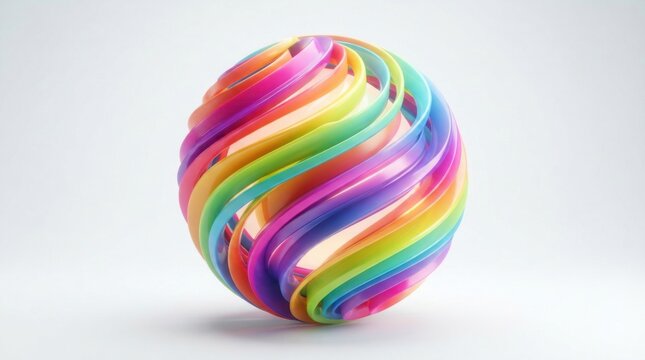 Abstract rainbow colored swirl sphere shape made of curved ribbons and bright lines