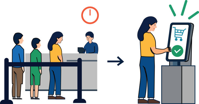 Modern self-service checkout technology replacing traditional cashier lines, efficient shopping process illustration, retail automation concept, customer convenience, time-saving innovation