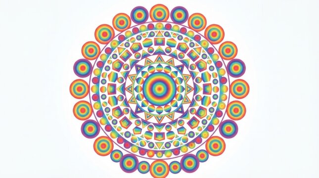 Colorful rainbow mandala pattern with geometric shapes isolated on white background