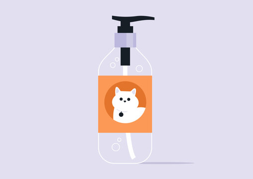 This pet shampoo bottle features a charming cat illustration, designed for furry friends, The pastel background complements the playful vibe, perfect for pet grooming routines.