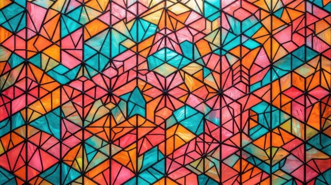 Colorful geometric stained glass pattern with mosaic shapes
