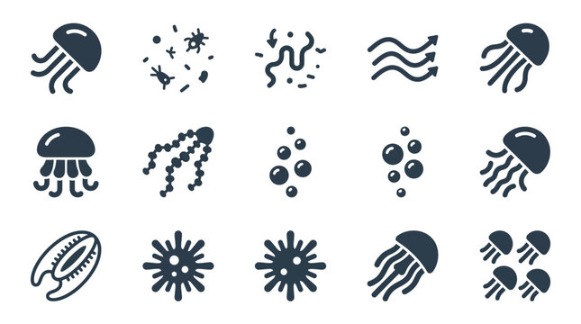 Abstract marine life icons including jellyfish and coral.