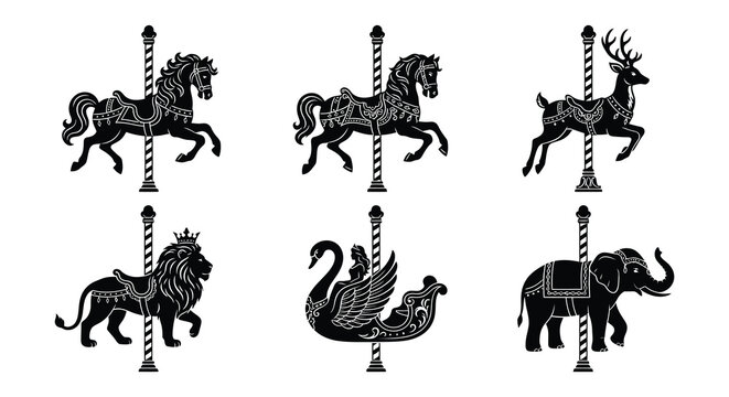 Black vector carousel horses and winged creature on white background