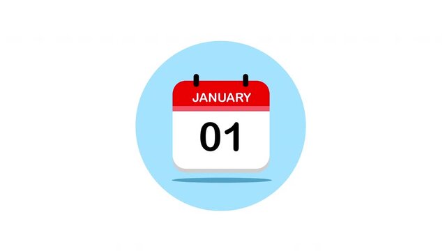 Animated flat calendar icons displaying january 01 date
