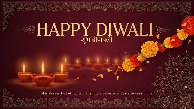 Happy diwali festive background with diyas and marigold floral arrangement