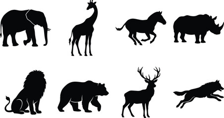 Obraz premium Wild African Animal Silhouette Collection Featuring Elephant Giraffe Horse Rhinoceros Lion Bear Deer and Wolf