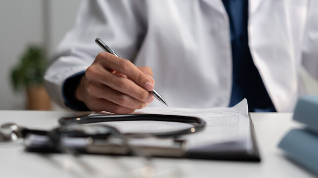 Healthcare professional reviews insurance paperwork with a stethoscope on the desk, representing health coverage, medical claims, patient benefits, policy assessment, healthcare financial planning.