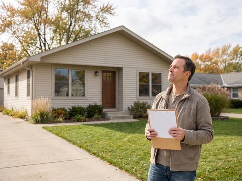 Home inspector with clipboard inspecting suburban residential house ex