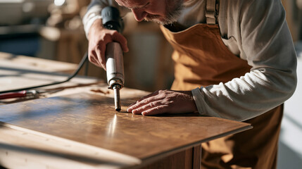Obraz premium A furniture conservator using heat gun to carefully lift bubbled veneer on Biedermeier commode, museum-quality repair technique, wood stabilization process, antique furniture