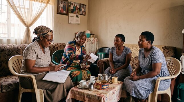 Women's savings group recording a contribution at a home meeting