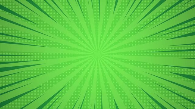 Green comic book style background with radial sunburst lines and halftone dot pattern