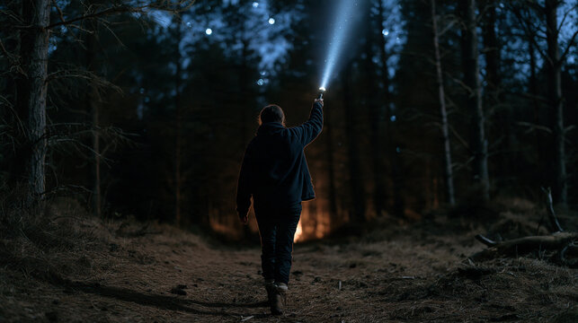A twentysomething Scottish woman in a warm fleece jacket walks through a dark forest holding a wide beam flashlight aloft on national flashlight day December 21, winter solstice