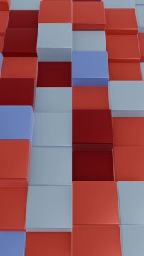 Seamless vertical 3D abstract red and blue geometric video background loop featuring extruded square blocks. Modern motion graphic texture ideal for digital presentations and tech branding assets.