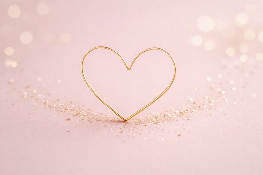 Minimal gold wire heart on pink glitter background for romantic valentine banner and love greeting card design