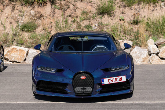 Munster, France - September 4th 2026 : View on a blue Bugatti Chiron Sport finished in Royal Blue Carbon parked on a parking lot.