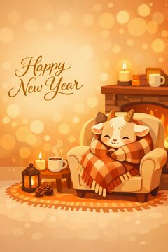 Cozy new year scene with cute wrapped animal on armchair by fireplace background for holiday greeting card and winter poster design