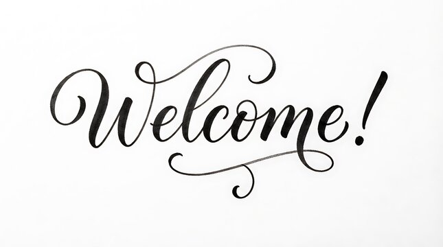 Elegant handwritten welcome text in black calligraphy script isolated on a clean plain white background