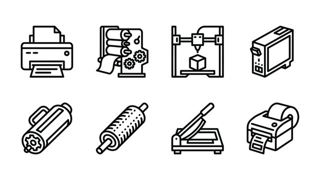 Printing Technology Icons: A collection of vector icons representing various printing and industrial machines, including a 3D printer, a roll-to-roll printer, and a paper cutter.