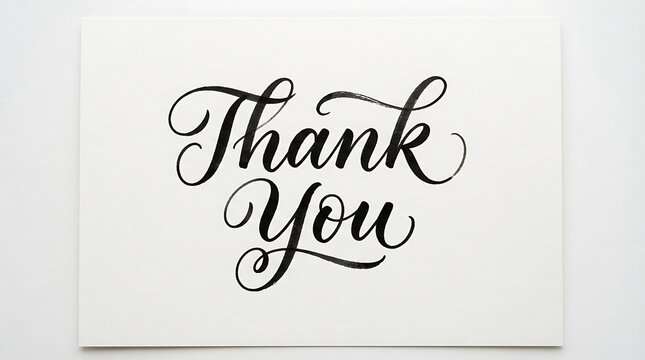 Elegant thank you calligraphy text written in black ink isolated on a clean white background for greeting