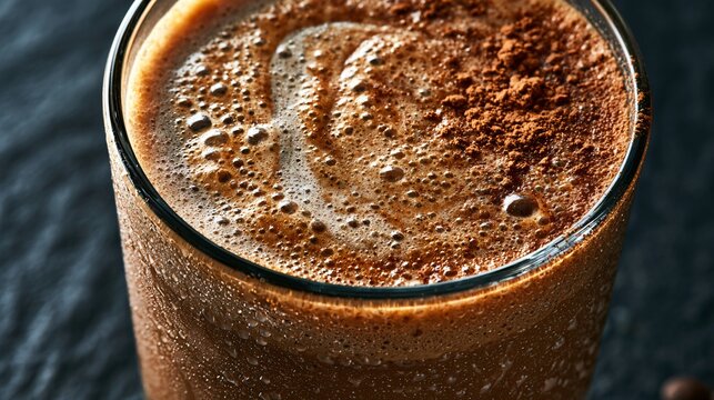 A macro close up highlighting the velvety texture of a coffee smoothie inside crystal glass with tiny air bubbles, espresso crema swirls, cocoa dusting, condensation droplets
