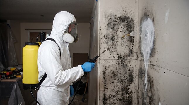 Professional mold remediation specialist in hazmat suit, worker spraying toxic black mold on wall, home restoration and fungal removal service