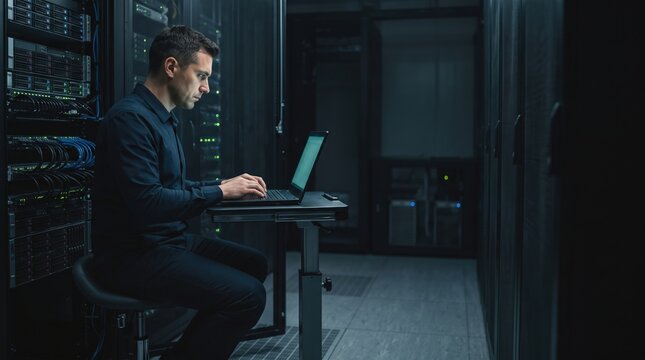IT administrator working on a laptop computer inside a large secure server room.