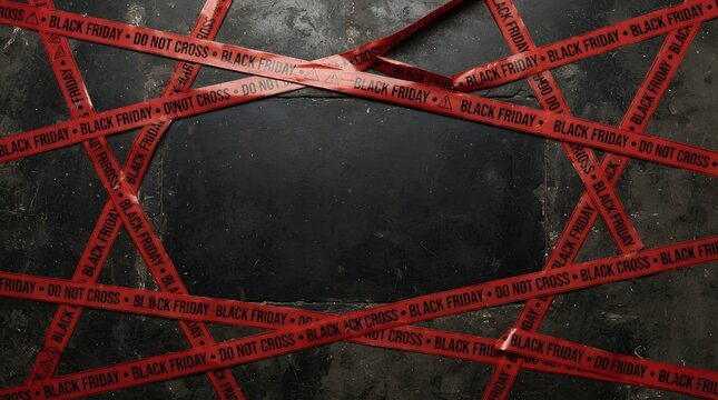 Black friday caution tape arranged in a star shape on a dark textured background