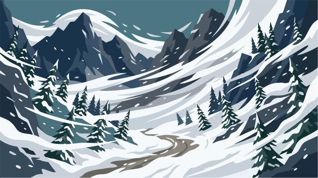 Mountain winter landscape vector illustration showing snowy peaks pine trees and winding paths in cold weather