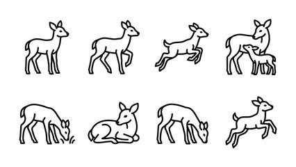 Fototapeta premium Deer Icon Set: A collection of simple line art icons depicting deer in various poses and activities, from standing and walking to grazing, resting, and jumping.