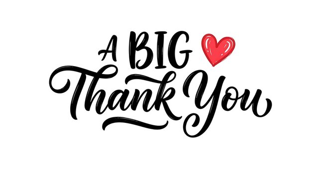 A big thank you hand written calligraphy text with a small red heart symbol isolated on a clean white background