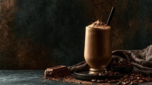 A premium cookbook-cover composition featuring a coffee smoothie styled with luxurious asymmetry, elegant lighting, refined coffee textures, and uninterrupted editorial copy space
