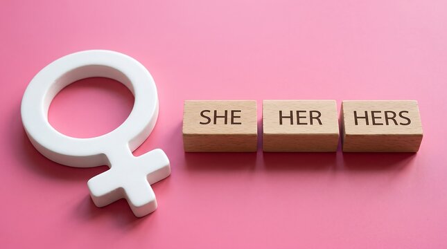 Female gender symbol with she her hers pronouns on wooden blocks, pink background for lgbtq inclusion, gender identity and diversity concept