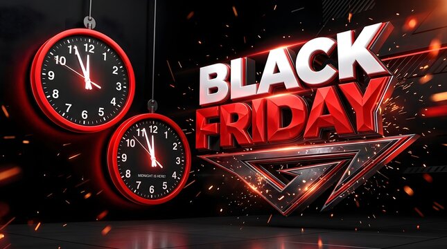 Black friday 3d text with hanging clocks and glowing sparks on a dark background