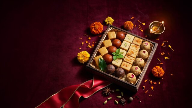 Traditional indian diwali sweets gift box with diya lamp and marigold flowers