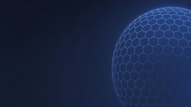 Abstract Futuristic Hexagonal Grid Network Dome Protecting Cyber Space Planet on Dark Background