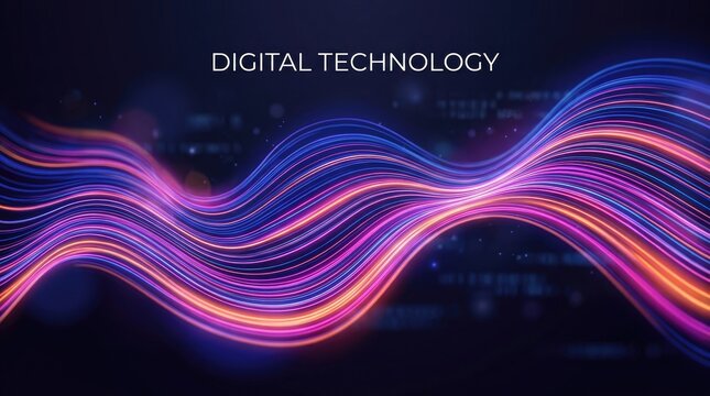 Vibrant digital technology wave background with neon lights and futuristic design elements