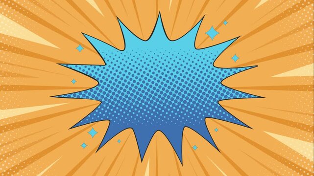 Blue comic book speech bubble with halftone pattern on a yellow sunburst background with copy space