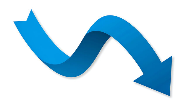 Blue wavy arrow pointing downwards isolated on white background with downward trend business loss negative growth financial drop market recession economic decrease direction indicator reporting